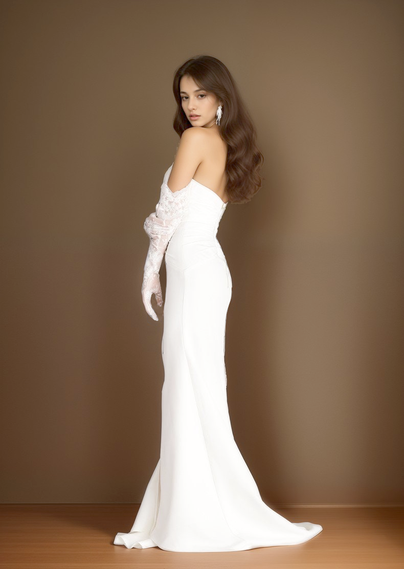 SelenaHuanStudio satin mini wedding dress with strapless front buttons, fit and flare style, middle slit, elegant and simple design