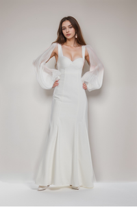 Ethereal sculpted bust mermaid gown with sheer balloon sleeves, designed for miniwedding occasions by SelenaHuanStudio.