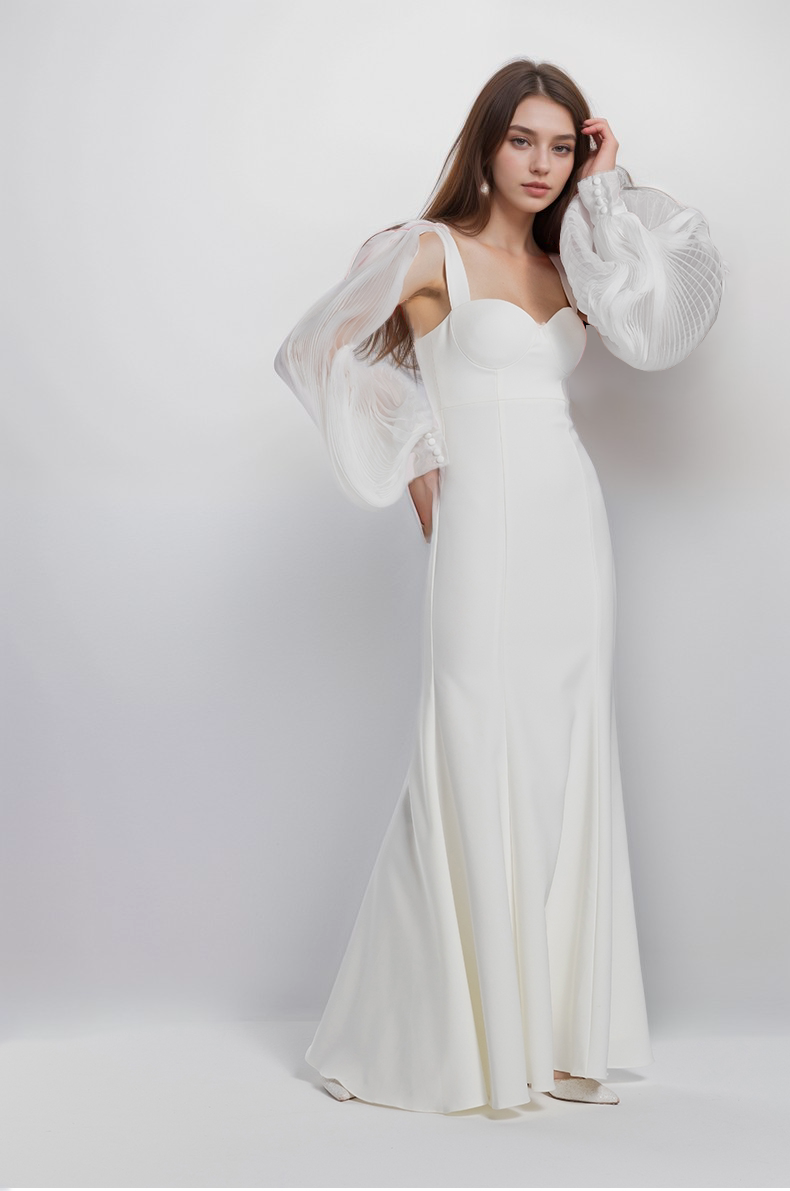 Ethereal sculpted bust mermaid gown with sheer balloon sleeves, designed for miniweddings by SelenaHuanStudio.