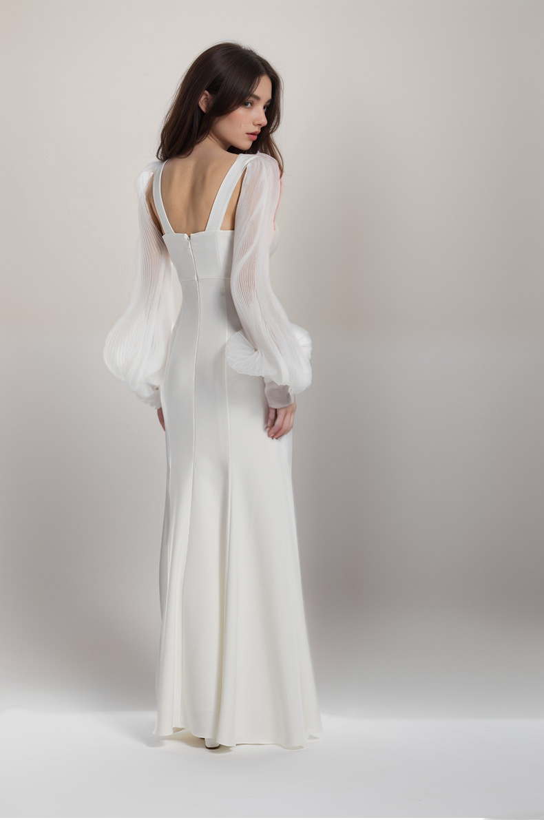 Ethereal sculpted bust mermaid gown with sheer balloon sleeves for mini wedding, by SelenaHuanStudio, shown on a model.