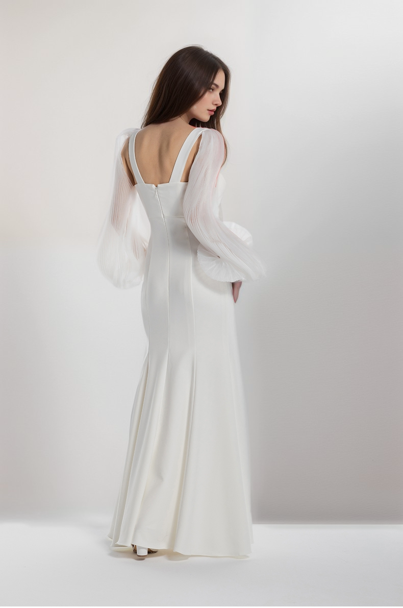 Ethereal sculpted bust mermaid gown with sheer balloon sleeves by SelenaHuanStudio, featuring intricate detailing and elegant silhouette.