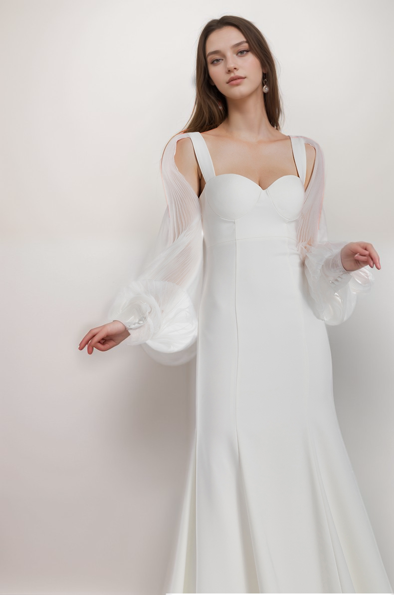 Ethereal sculpted bust mermaid gown with sheer balloon sleeves by SelenaHuanStudio, featuring intricate detailing and flowing fabric.