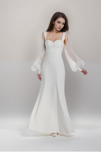 Ethereal sculpted bust mermaid gown with sheer balloon sleeves, designed for miniwedding occasions by SelenaHuanStudio.