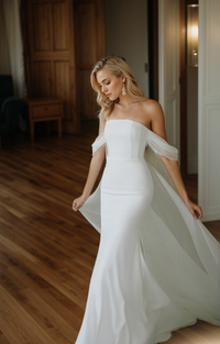 SelenaHuanStudio satin off-the-shoulder mini wedding dress with small train and tulle ribbon, elegant and simple bridal gown.