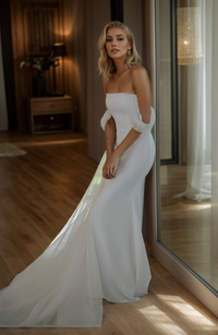 Goddess off-the-shoulder satin wedding dress with small train and tulle ribbon, designed by SelenaHuanStudio for mini wedding occasions.