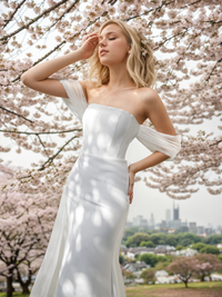 Goddess off-the-shoulder satin mini wedding dress by SelenaHuanStudio with small train and tulle ribbon in multicolor.