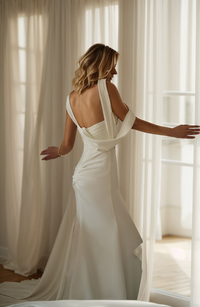 Greece Goddess satin mini wedding dress with pleated bodice, wide straps, fit and flare silhouette, thigh slit, by SelenaHuanStudio