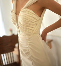 Greece Goddess mini wedding dress by SelenaHuanStudio with pleated bodice, wide straps, satin fabric, fit and flare style, thigh slit
