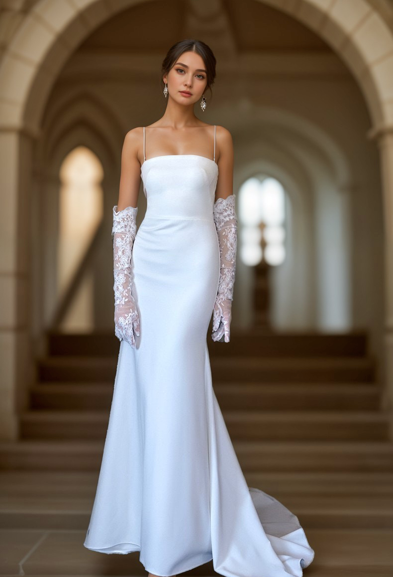 White satin mini wedding dress with spaghetti straps, small train, stretchy fabric, designed by SelenaHuanStudio, perfect for a Greece goddess look.