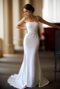 White satin mini wedding dress with spaghetti straps, small train, stretchy fabric, designed by SelenaHuanStudio, featuring a Greece goddess style.