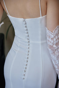 Greece Goddess satin mini wedding dress with spaghetti straps, small train, stretchy fabric, by SelenaHuanStudio, white and elegant.