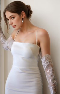 White Greece goddess satin mini wedding dress with spaghetti straps and small train, designed by SelenaHuanStudio.