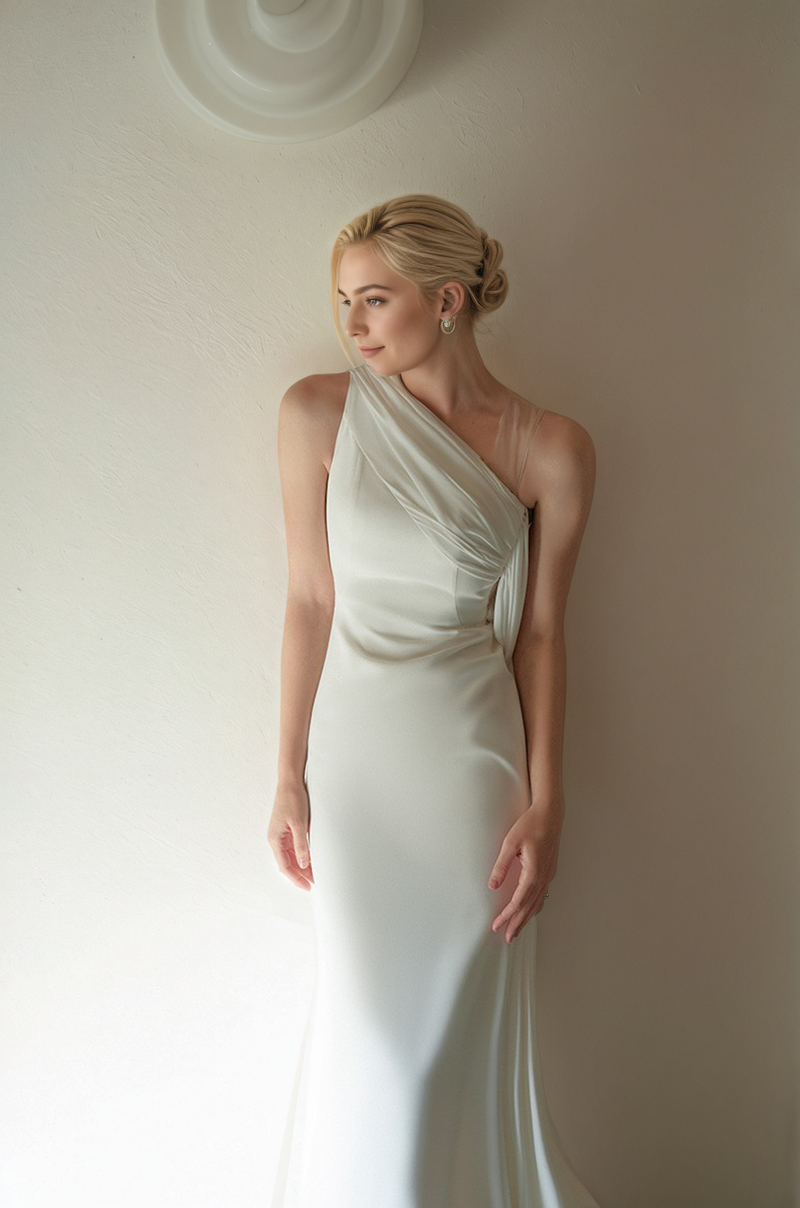 Minimalist one-shoulder silky satin wedding dress with draped back by SelenaHuanStudio, featuring a sleek, elegant design.