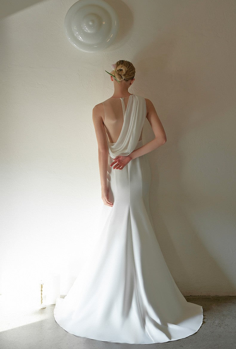 Silky satin one-shoulder wedding dress with draped back by SelenaHuanStudio, minimalist design, perfect for a modern wedding.