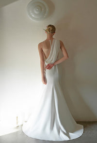 Silky satin one-shoulder wedding dress with draped back by SelenaHuanStudio, minimalist design, perfect for a modern wedding.