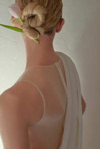 SelenaHuanStudio minimalist one-shoulder silky satin wedding dress with draped back, perfect for modern miniwedding occasions.