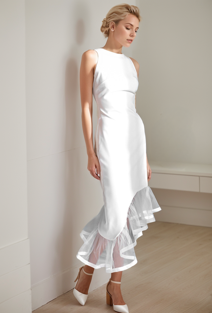 Modern satin mini wedding dress with scoop neck, asymmetrical skirt hem, perfect for bridal and party occasions by SelenaHuanStudio