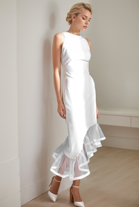 Modern satin mini wedding dress with scoop neck, asymmetrical skirt hem, perfect for bridal and party occasions by SelenaHuanStudio