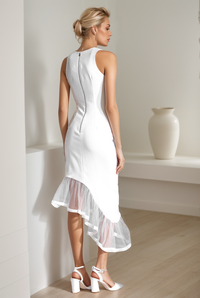 Modern satin mini wedding dress with scoop neck, asymmetrical skirt hem, perfect for bridal parties, by SelenaHuanStudio.