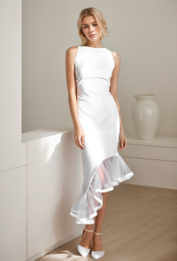Modern satin mini wedding dress with scoop neckline, asymmetrical skirt hem, perfect for bridal parties by SelenaHuanStudio.
