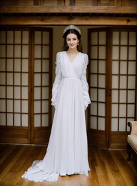 Elegant chiffon long sleeve wedding gown with draped sleeves and deep V back by SelenaHuanStudio, perfect for a timeless miniwedding.
