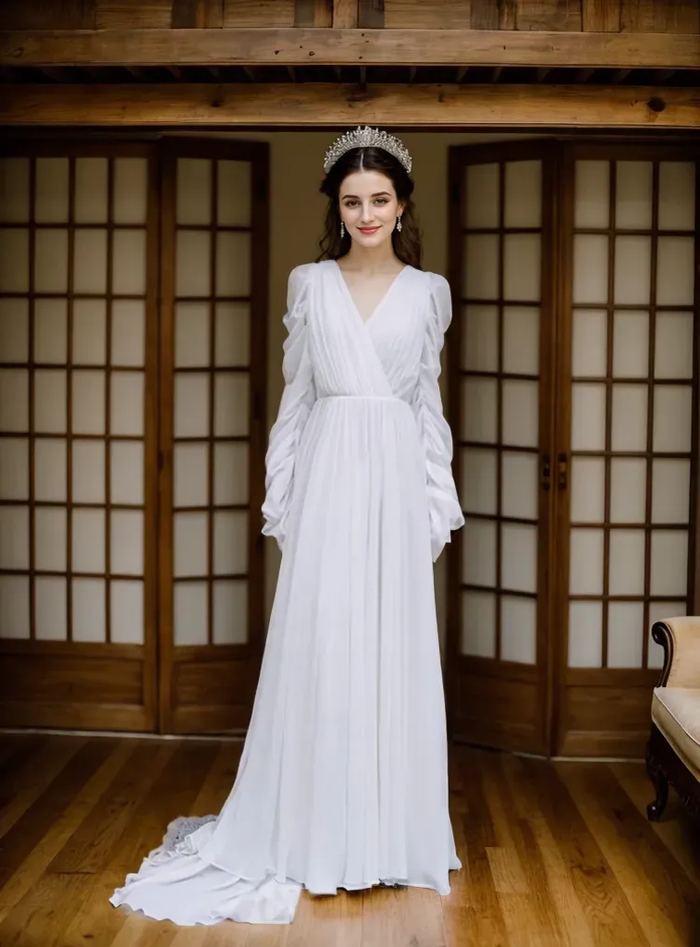 Elegant chiffon long sleeve wedding gown with draped sleeves and deep V back by SelenaHuanStudio, perfect for a timeless miniwedding.