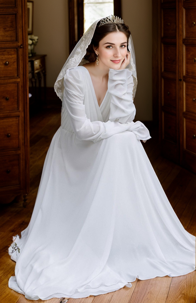 SelenaHuanStudio timeless chiffon long sleeve wedding gown with draped sleeves and deep V back, perfect for mini wedding ceremonies.