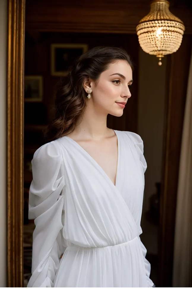 Elegant chiffon long sleeve wedding gown with draped sleeves and deep V back, designed for miniweddings by SelenaHuanStudio.