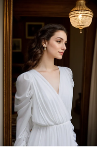 Elegant chiffon long sleeve wedding gown with draped sleeves and deep V back, designed for miniweddings by SelenaHuanStudio.