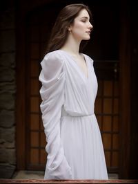Elegant chiffon wedding gown with long sleeves, draped design, and deep V back by SelenaHuanStudio on a miniwedding model.