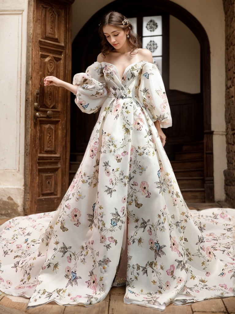 Elegant satin prom dress by SelenaHuanStudio featuring floral print, butterfly pattern, front slit, bishop sleeves, off-the-shoulder design