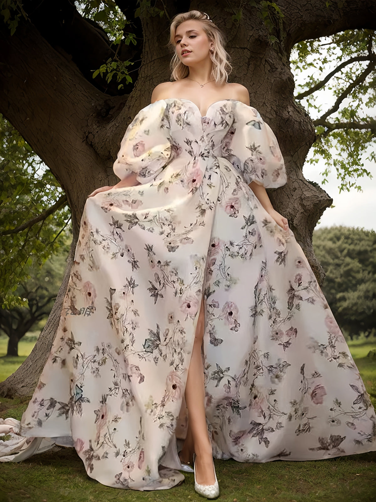 Sexy floral printed satin prom dress with butterfly pattern, front slit, bishop sleeves, off-the-shoulder design by SelenaHuanStudio