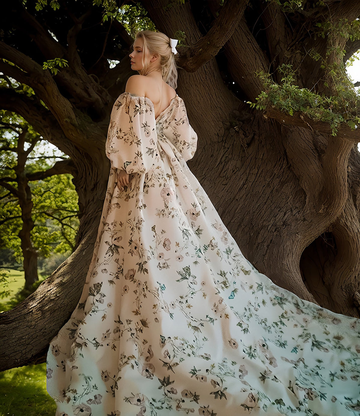 SelenaHuanStudio Avera floral butterfly print satin prom wedding dress with off-the-shoulder design and front-slit bishop sleeves.