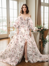 SelenaHuanStudio Avera satin prom dress with floral butterfly print, off-shoulder design, front slit, and bishop sleeves.