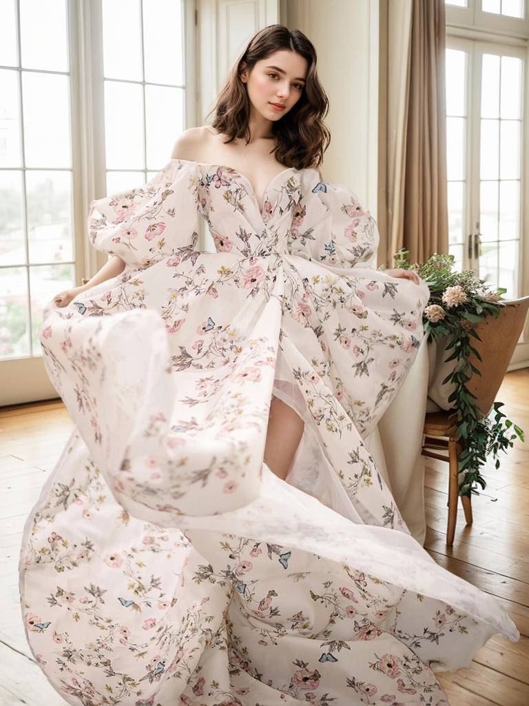 SelenaHuanStudio Avera satin prom dress with floral butterfly print, off-the-shoulder, front slit, bishop sleeves, wedding gown style.