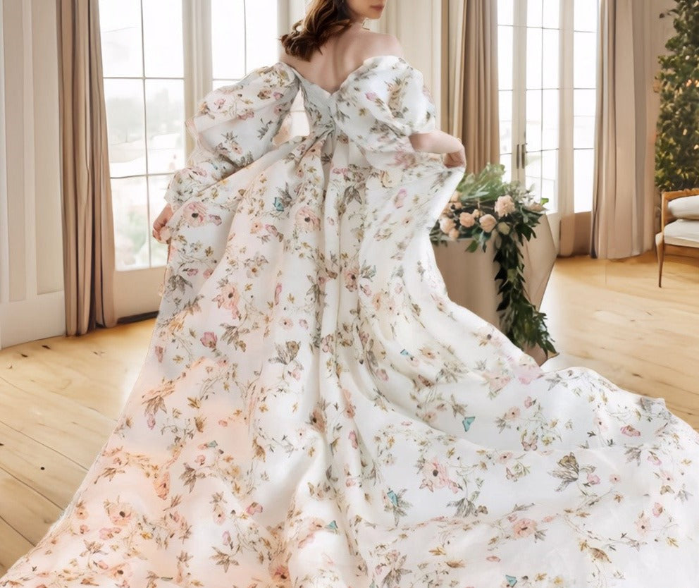 A floral printed satin prom dress with butterfly pattern, front slit, bishop sleeves, off-the-shoulder style by SelenaHuanStudio