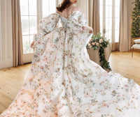 A floral printed satin prom dress with butterfly pattern, front slit, bishop sleeves, off-the-shoulder style by SelenaHuanStudio