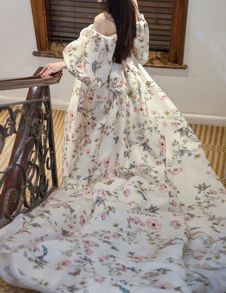 SelenaHuanStudio Avera floral printed satin prom dress with butterfly pattern, front slit, bishop sleeves, off-the-shoulder design
