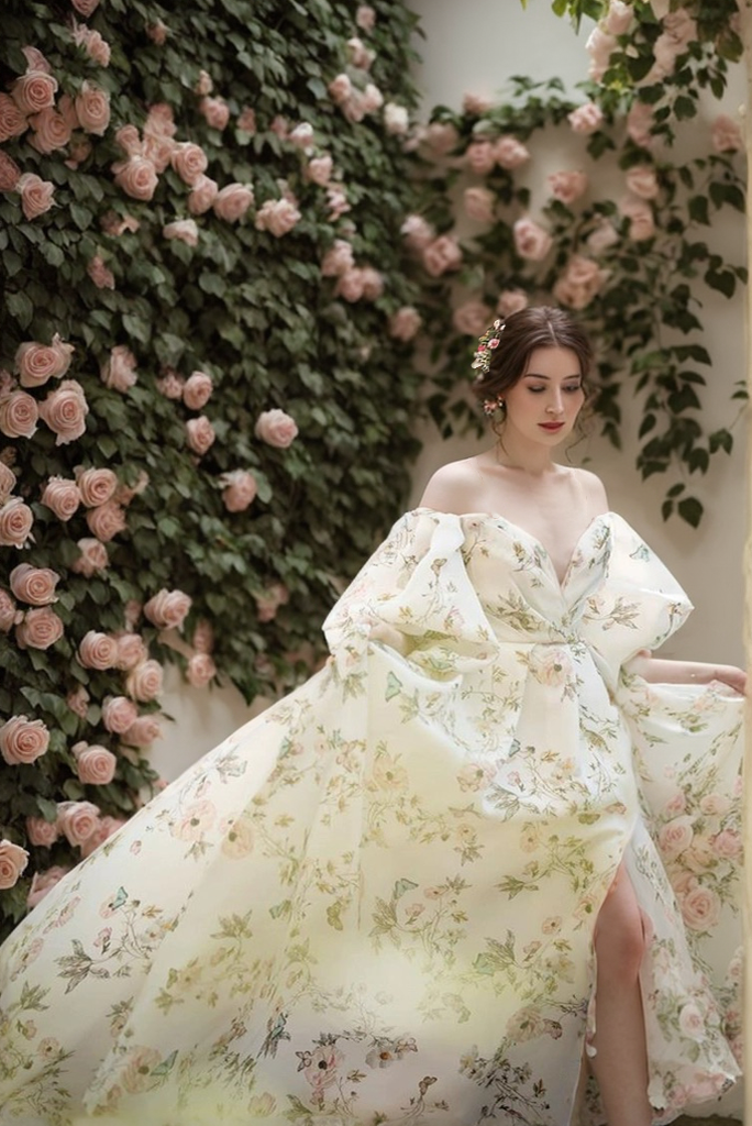 SelenaHuanStudio Avera satin prom dress with floral print, butterfly pattern, front slit, bishop sleeves, off-the-shoulder design