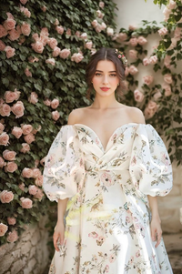 A SelenaHuanStudio satin prom wedding dress with floral butterfly print, off-the-shoulder design, front slit, and bishop sleeves.