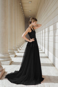 Black Queen black V-neck lace A-line prom gown with low-back design by SelenaHuanStudio, lightweight wedding-inspired dress.