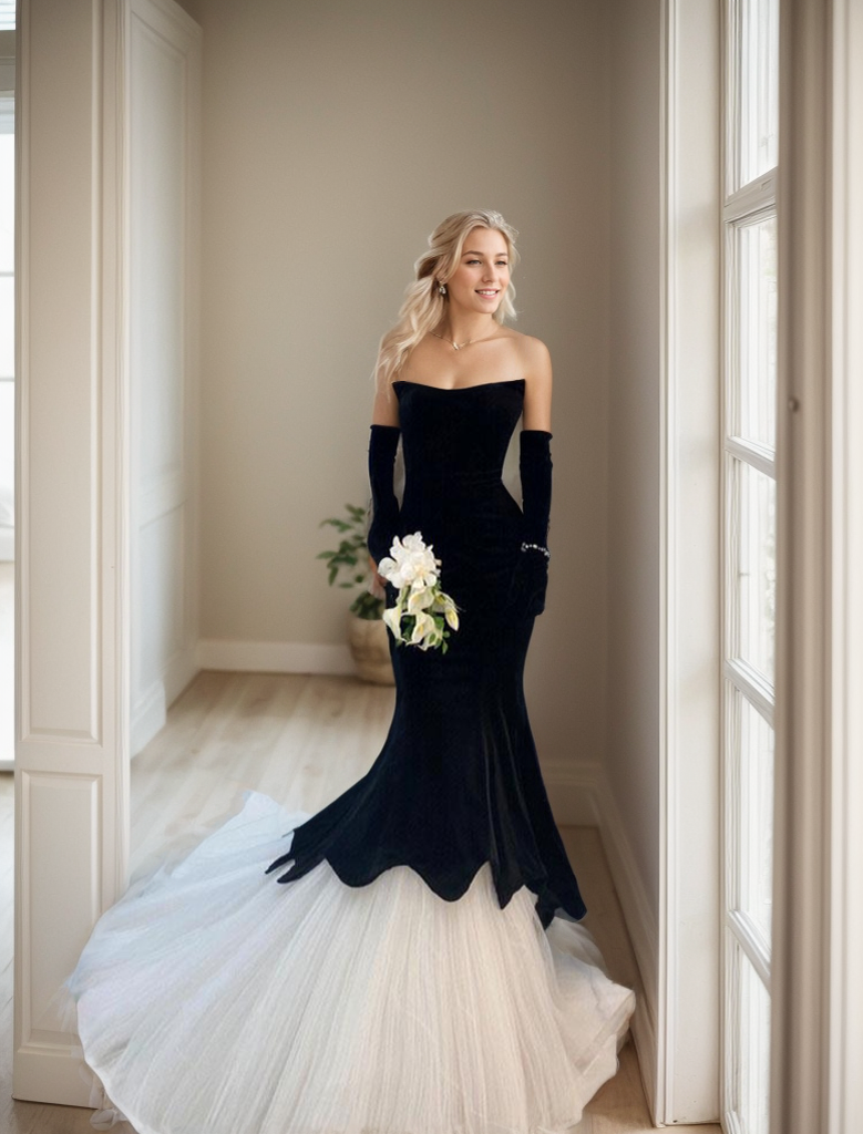 Black velvet strapless mermaid prom dress with white tulle from SelenaHuanStudio, featuring a fitted bodice and flowing skirt.