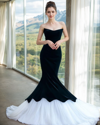 Herpben strapless black velvet and white tulle mermaid prom dress by SelenaHuanStudio, featuring a fitted silhouette and elegant design.