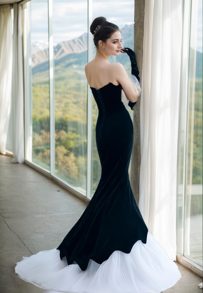 Strapless black velvet and white tulle mermaid prom dress by SelenaHuanStudio, featuring a fitted bodice and flowing skirt.