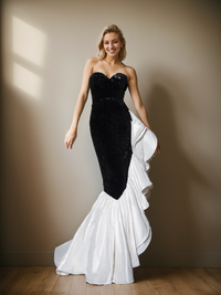 Black strapless sequin mermaid prom dress with ruffled organza overlay, designed by SelenaHuanStudio, elegant and glamorous evening gown.