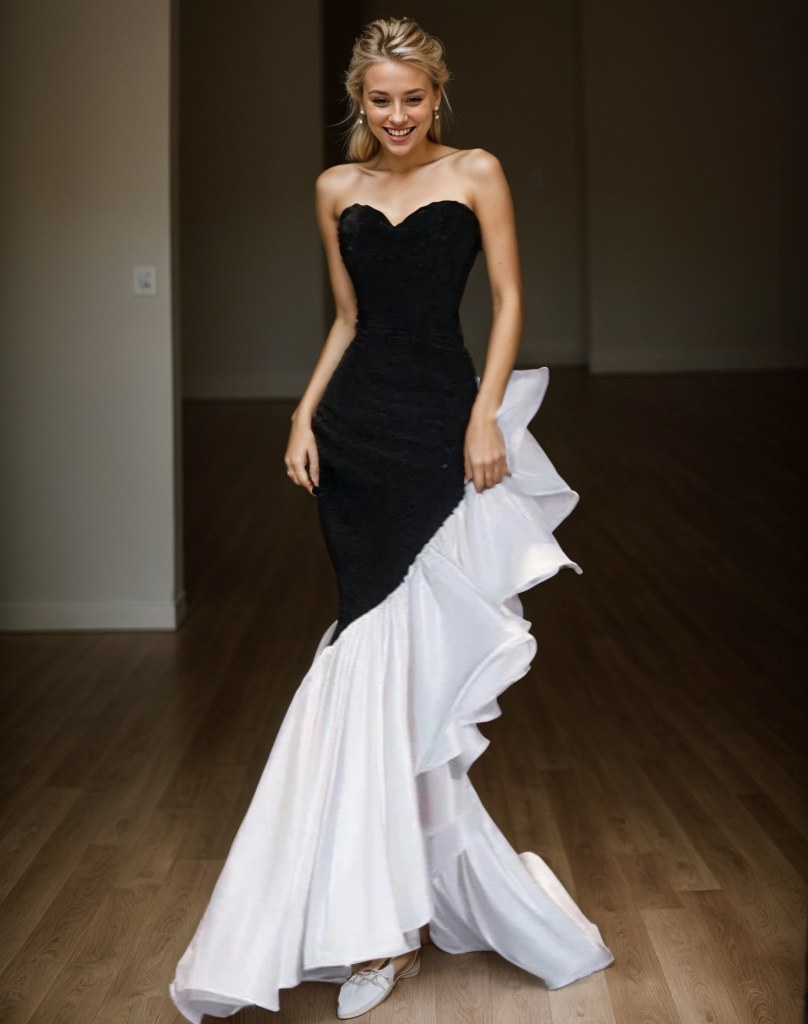 Black strapless sequin mermaid prom dress with ruffled organza overlay, designed by SelenaHuanStudio.