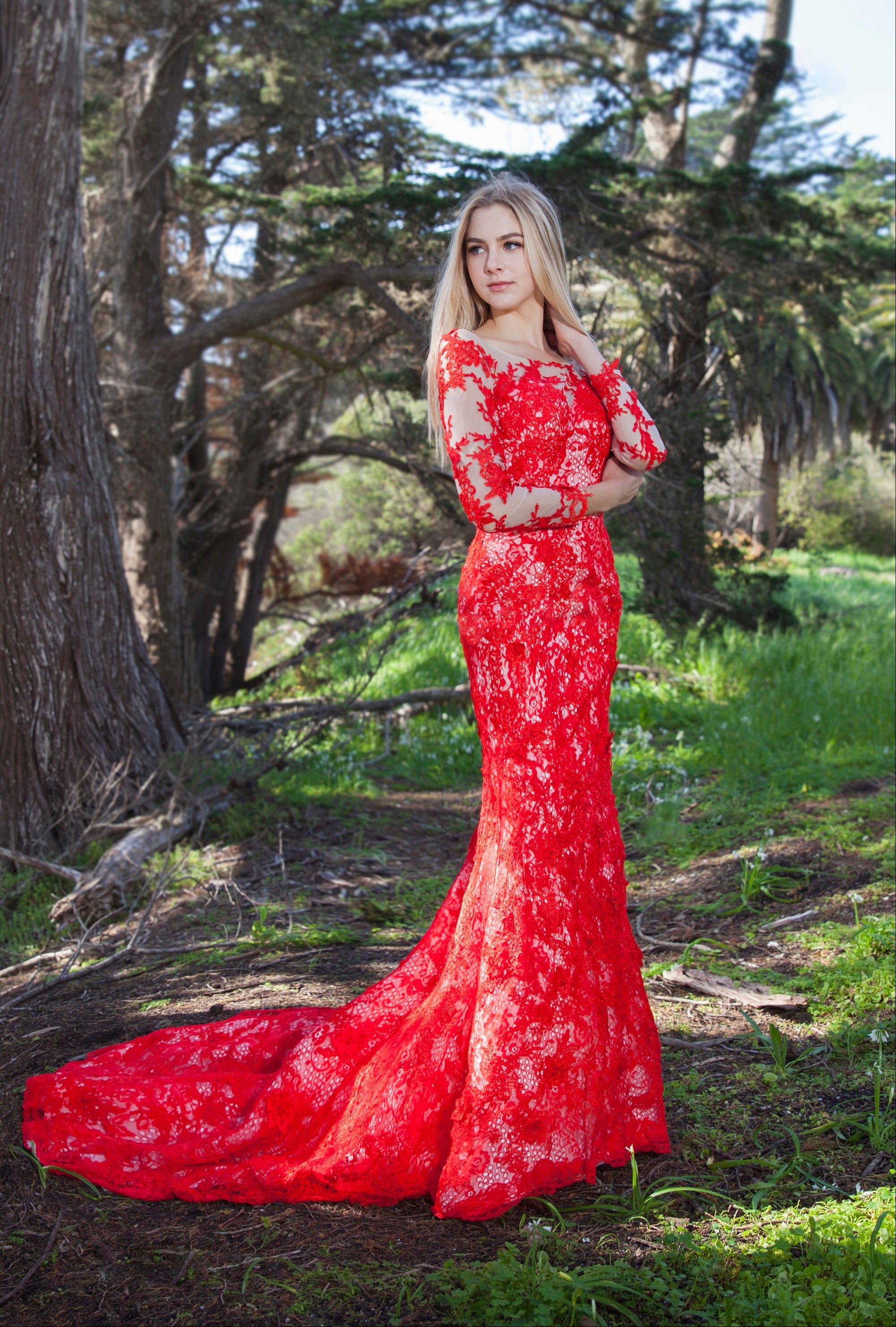 SelenaHuanStudio red lace mermaid prom gown with long sleeves, intricate lace details, and a fitted silhouette for elegant occasions.