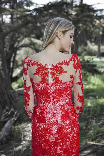 SelenaHuanStudio red lace mermaid prom gown with long sleeves and intricate lace details, designed for elegant wedding or special occasions.