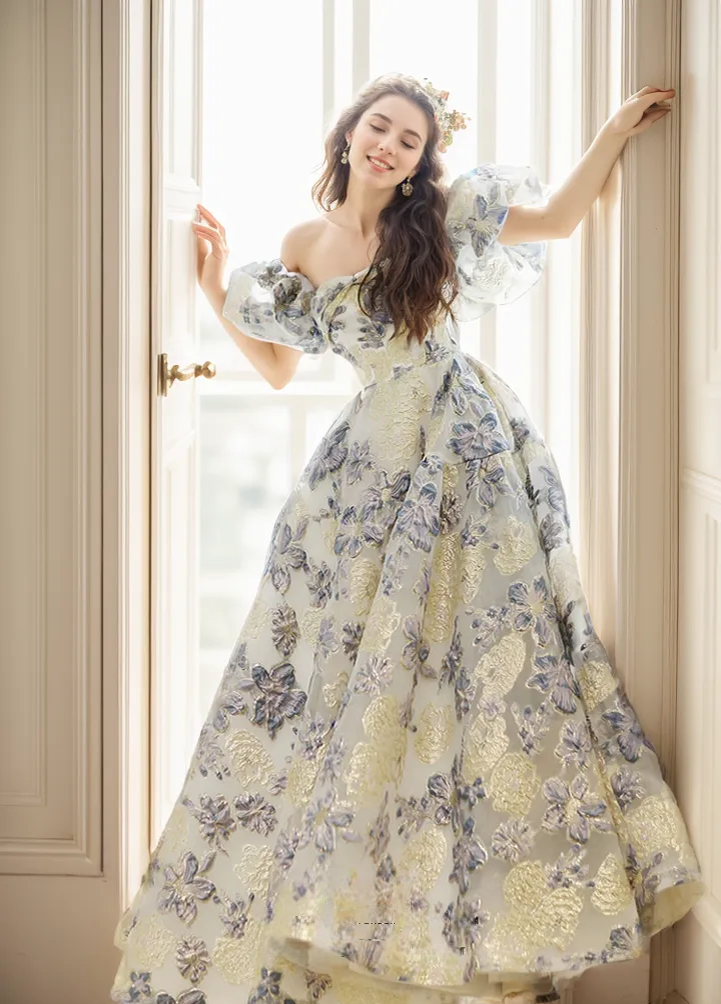 Elora embroidered golden blue floral off-the-shoulder princess prom dress by SelenaHuanStudio, detailed embroidery and elegant design.