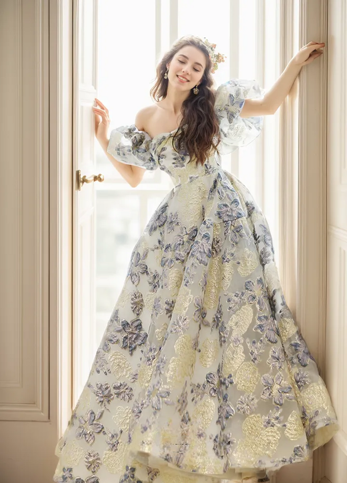 Elora embroidered golden blue floral off-the-shoulder princess prom dress by SelenaHuanStudio, detailed embroidery and elegant design.